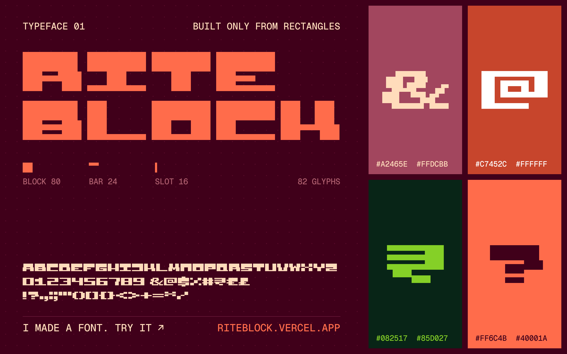 Riteblock, set in itself in coral on maroon, with its glyphs, its grid, and a tile for each of its colour pairings